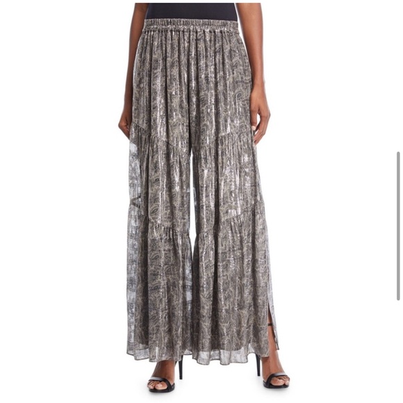 Kobi Halperin Ilse paisley silk blend metallic tiered chiffon wide leg pants XS